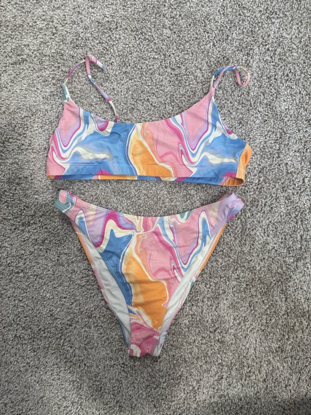 Marble Print Two-Piece Bikini Set in Pink, Blue & Orange